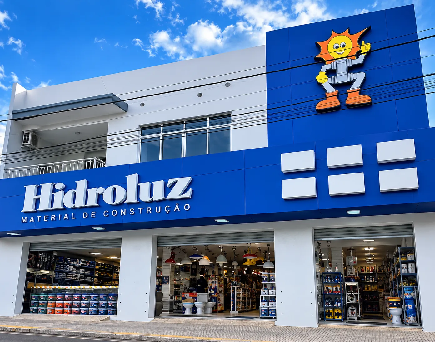Fachada azul e branca da Hidroluz Material de Construção no Centro de Jacobina com o mascote no letreiro